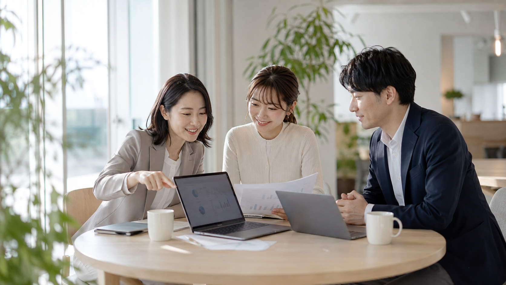 店舗オーナーとコンサルタントが資料を囲んで毎月の運用方針を話し合っている様子
